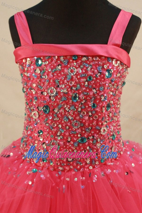 Wonderful Coral Red Straps Little Girl Pageant Dress With Beading