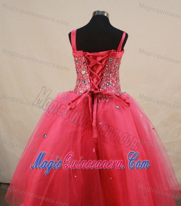 Wonderful Coral Red Straps Little Girl Pageant Dress With Beading