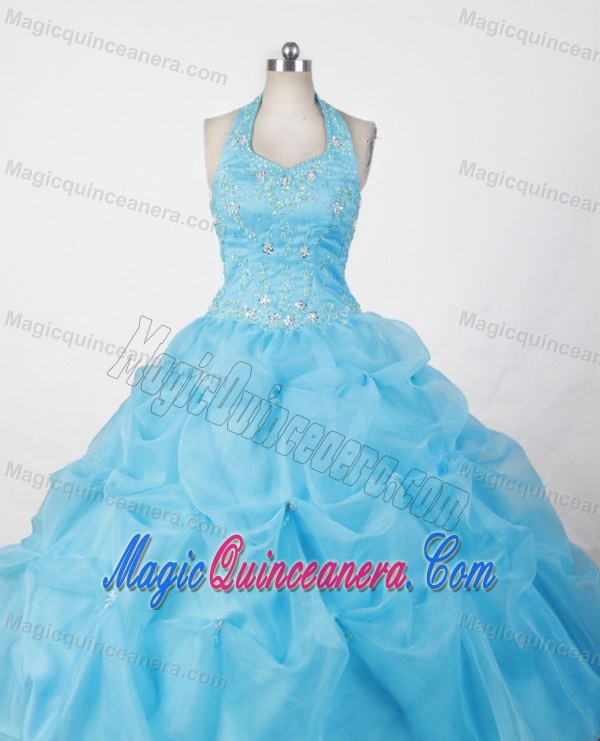 Halter Baby Blue Appliques and Pick-ups Glitz Pageant Dresses