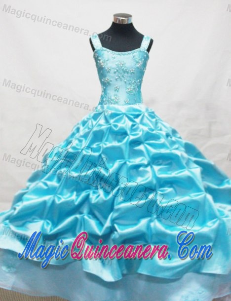 Baby Blue Straps Appliques and Pick-ups Little Girl Pageant Dress