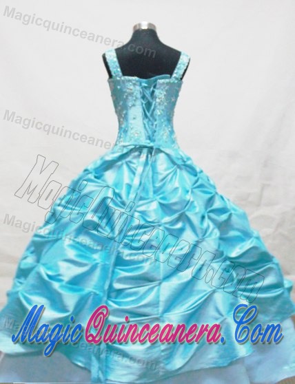 Baby Blue Straps Appliques and Pick-ups Little Girl Pageant Dress