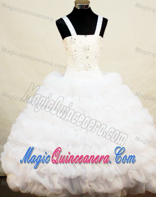 White Straps Beaded Little Girl Pageant Dress With Ruffled Layers