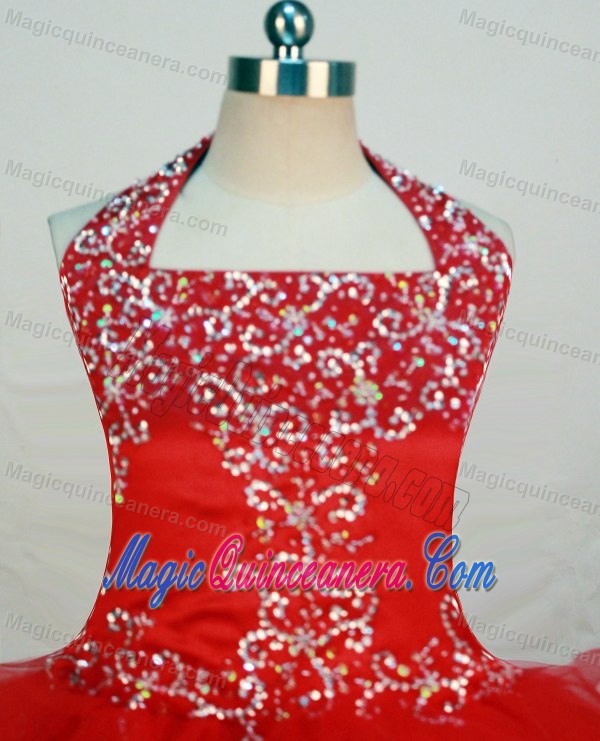 Red Halter Little Girl Pageant Dress With Ruffled Layers and Appliques