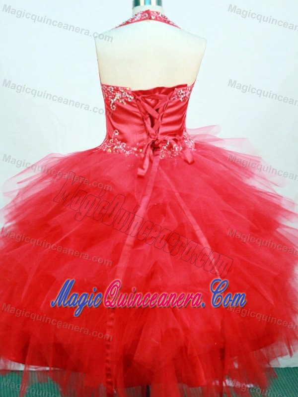 Red Halter Little Girl Pageant Dress With Ruffled Layers and Appliques