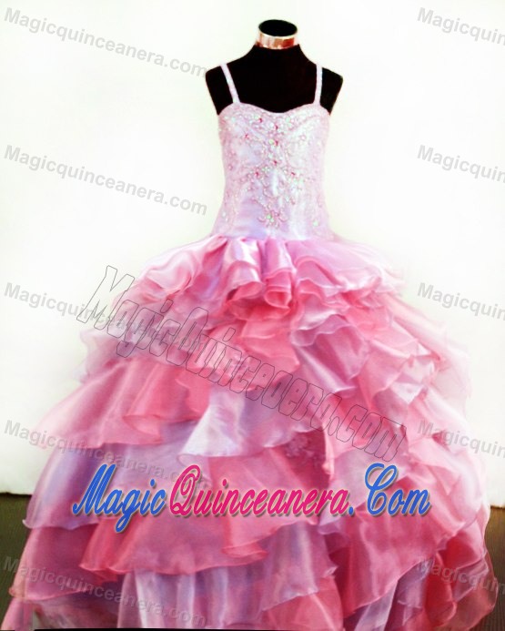 Colorful Straps Layers Girls Pageant Dress With Appliques and Beading