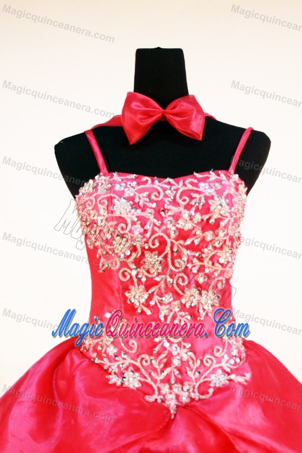 Straps Red Beading and Hand Made Flowers Little Girl Pageant Dress