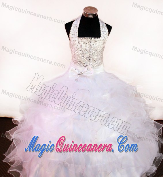 Beading Halter Baby Pink Glitz Pageant Dresses With Organza Layers