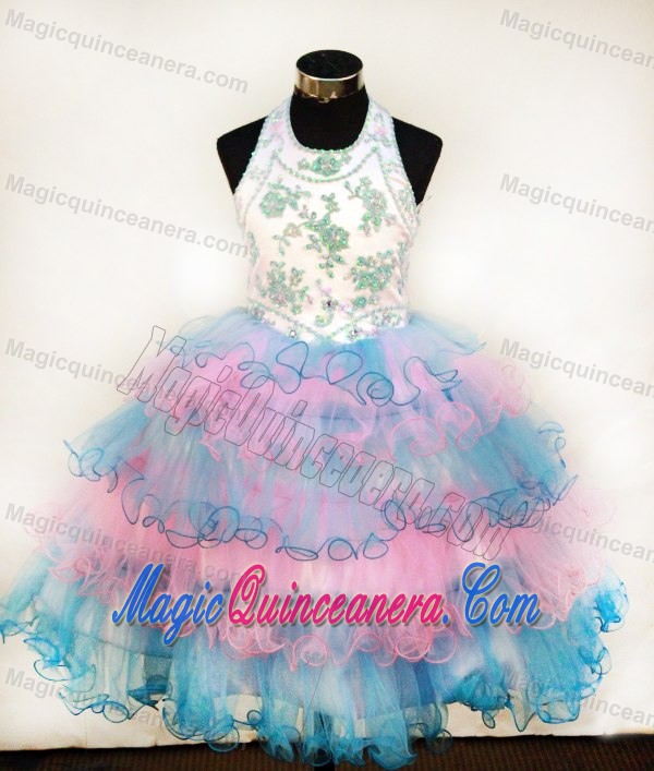 Colorful Halter Glitz Pageant Dress With Appliques and Ruffled Layers