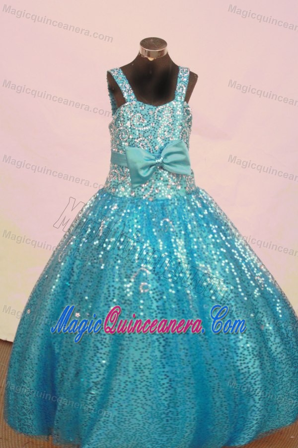 Straps Aqua Blue Little Girl Pageant Dress with Sequin and Bowknot