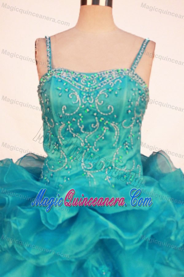 Blue Straps Girls Pageant Dress With Ruffled Layers and Beading