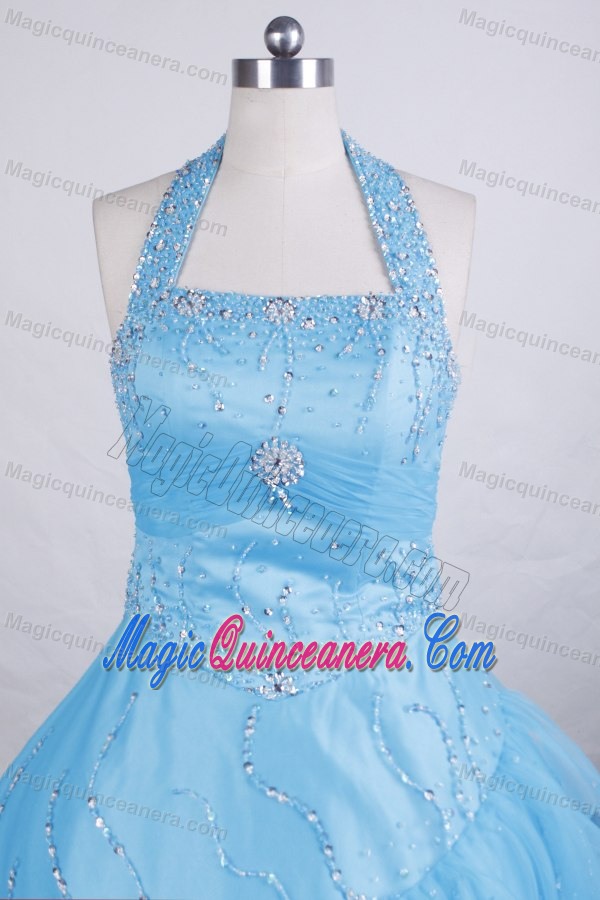 Halter A-line Aqua Blue Glitz Pageant Dresses with Ruffled Layers