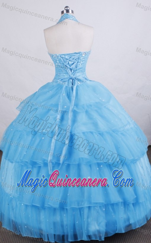 Halter A-line Aqua Blue Glitz Pageant Dresses with Ruffled Layers