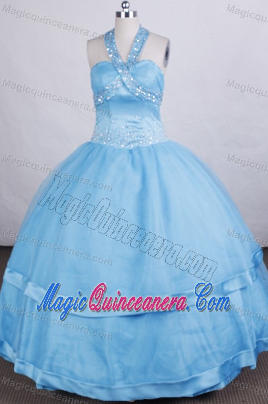 Aqua Blue Halter Beading Pageant Dress for Girls in Sacramento
