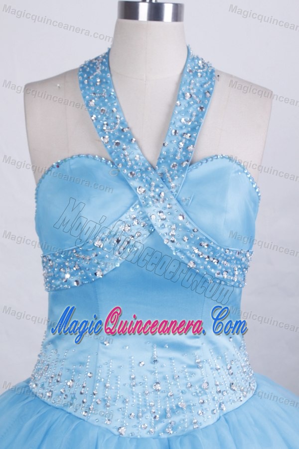 Aqua Blue Halter Beading Pageant Dress for Girls in Sacramento