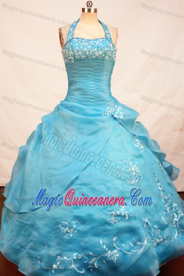 Halter Blue Little Girl Pageant Dress with Appliques and Ruches