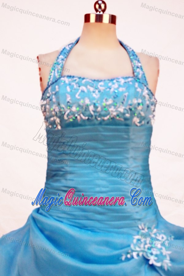 Halter Blue Little Girl Pageant Dress with Appliques and Ruches