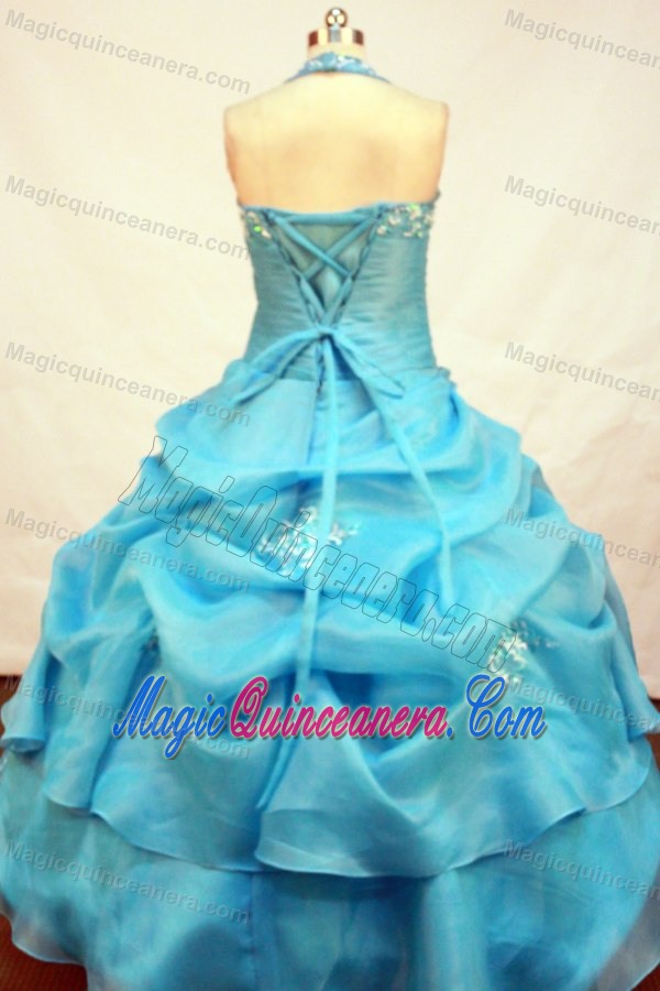 Halter Blue Little Girl Pageant Dress with Appliques and Ruches