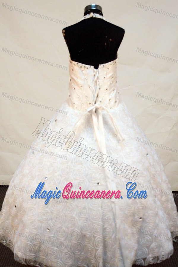 White Halter Little Girl Pageant Dress Fabric With Rolling Flower