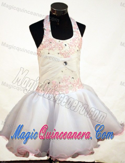 Appliques and Beading Halter Short White Little Girl Pageant Dress