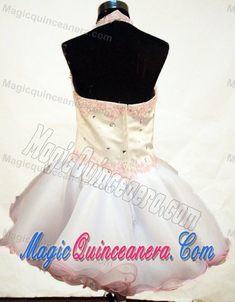 Appliques and Beading Halter Short White Little Girl Pageant Dress