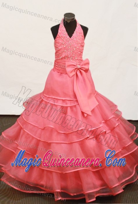 Watermelon Red Beading and Ruffled Layers Hater Girls Pageant Dress