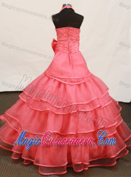 Watermelon Red Beading and Ruffled Layers Hater Girls Pageant Dress
