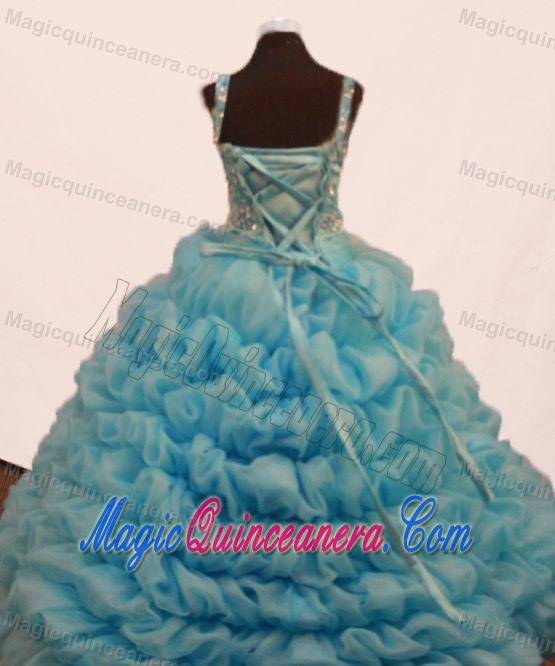 Pick-ups and Beading Ball Gown Straps Blue Little Girl Pageant Dress