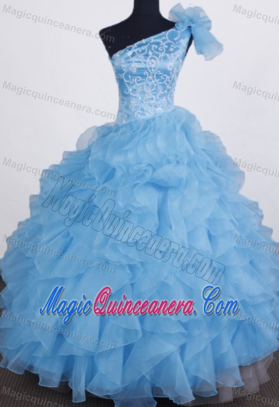 One Shoulder Organza Aqua Blue Little Girl Pageant Dress with Beading