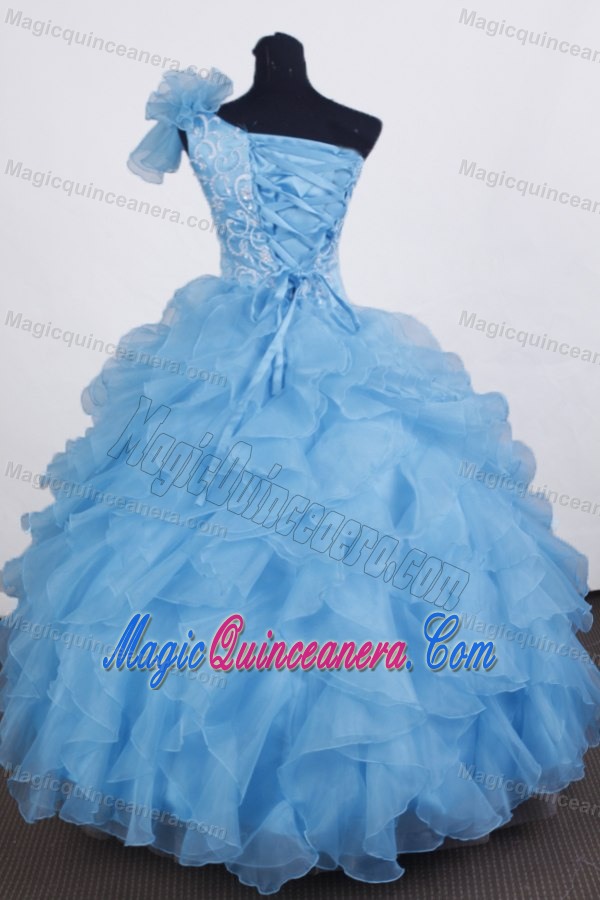 One Shoulder Organza Aqua Blue Little Girl Pageant Dress with Beading