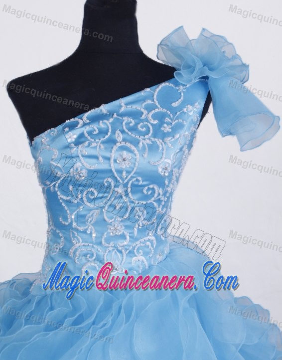One Shoulder Organza Aqua Blue Little Girl Pageant Dress with Beading