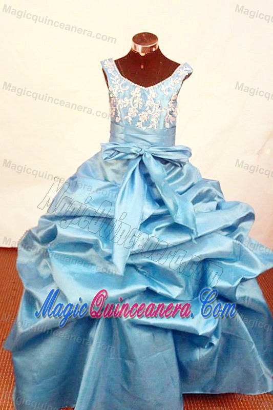 Baby Blue Appliques Scoop Little Girl Pageant Dresses With Pick-ups