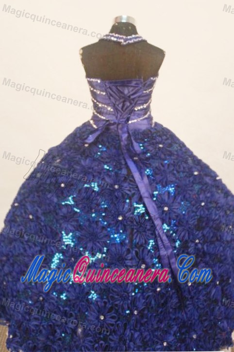 Halter Royal Blue Little Girl Pageant Dress with Handmade Flowers