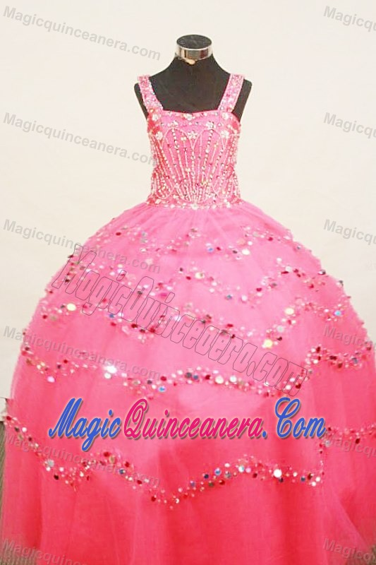 Strap Hot Pink Ball Gown Little Girl Pageant Dress with Beading