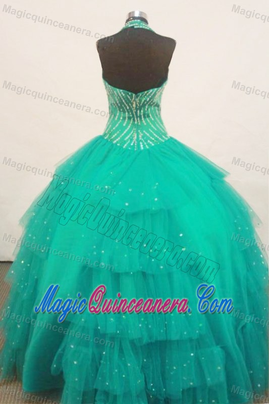 Beaded Turquoise Halter Little Girl Pageant Dress With Ruffled Layers