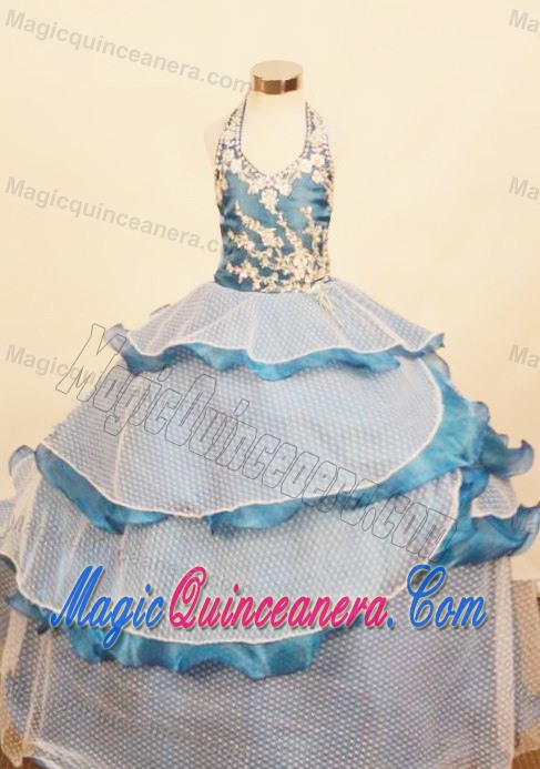 Halter Ruffled Layered Blue Little Girl Pageant Dress with Appliques