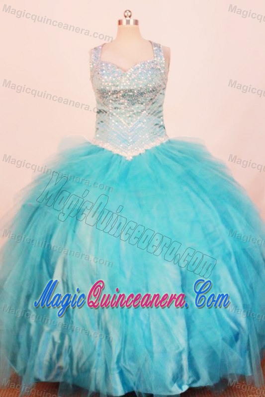 Baby Blue Straps Beaded and Layered Organza Little Girl Pageant Dress
