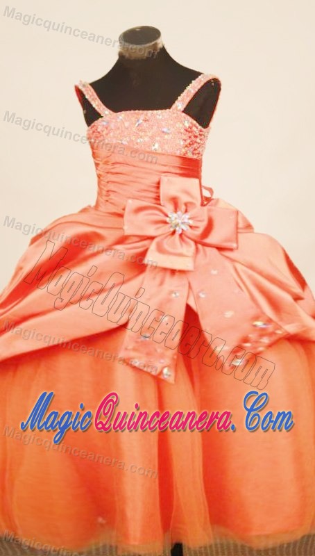 Orange Red Straps Little Girl Pageant Dress with Pick-ups and Beading