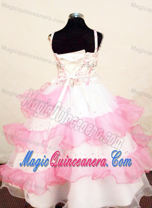 Pink and White Beaded and Ruffled Layers Little Girl Pageant Dress