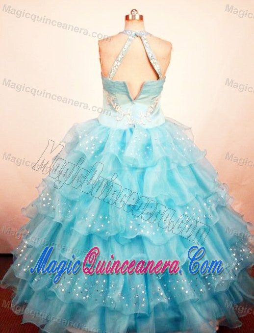 Aqua Blue Halter Beaded Little Girl Pageant Dress with Ruffled Layers