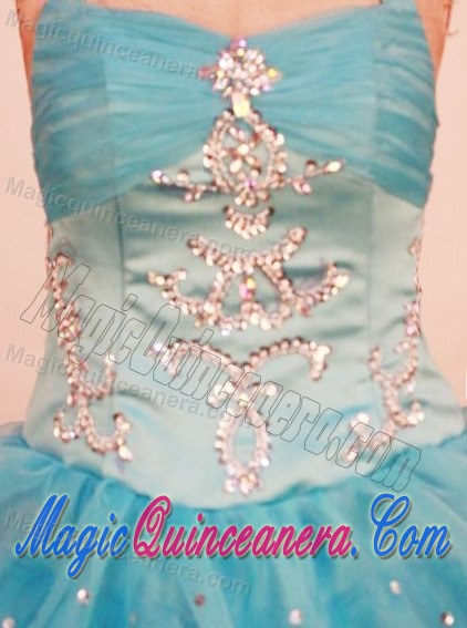 Aqua Blue Halter Beaded Little Girl Pageant Dress with Ruffled Layers