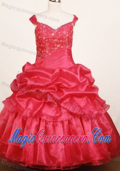 Red Off The Shoulder Girls Pageant Dress with Pick-up and Applique