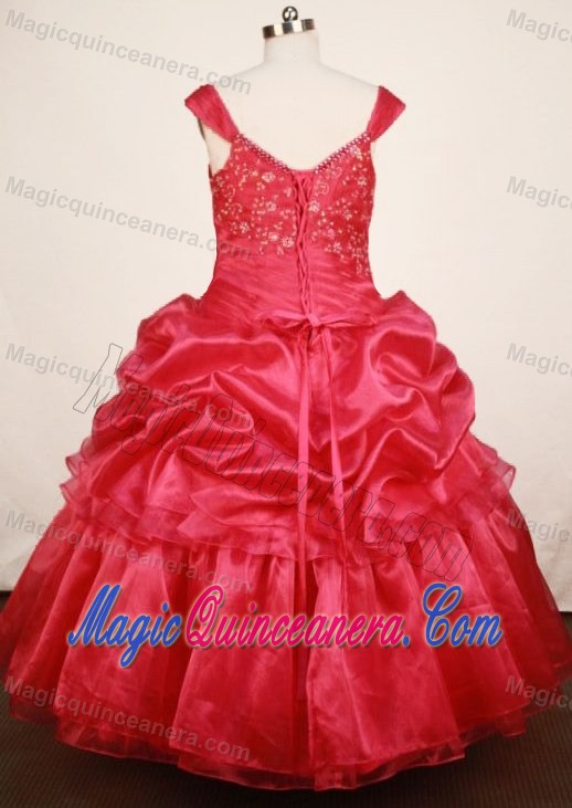 Red Off The Shoulder Girls Pageant Dress with Pick-up and Applique