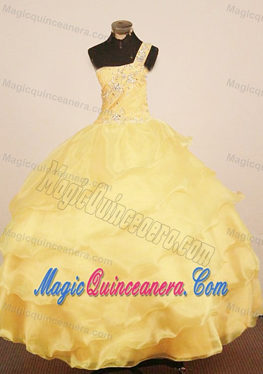 One Shoulder Pageant Dress for Girls in Yellow with Beading and Layers