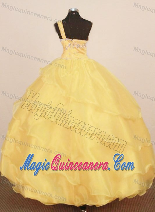 One Shoulder Pageant Dress for Girls in Yellow with Beading and Layers