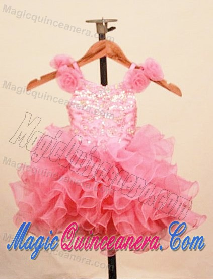 Ruffles Baby Pink Scoop Glitz Pageant Dresses With Hand Made Flowers