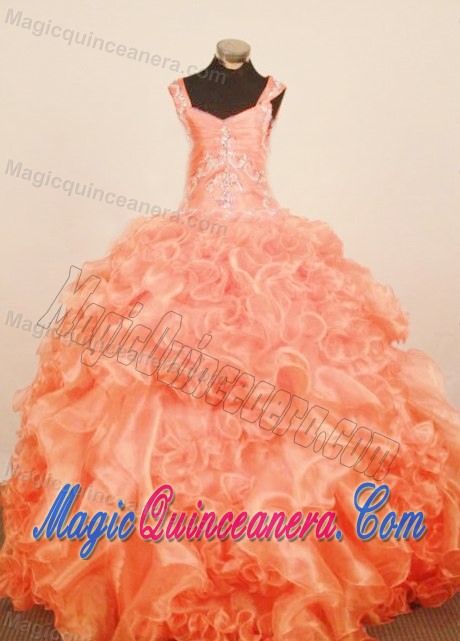 Orange Red Straps Ruffled Little Girl Pageant Dress With Appliques