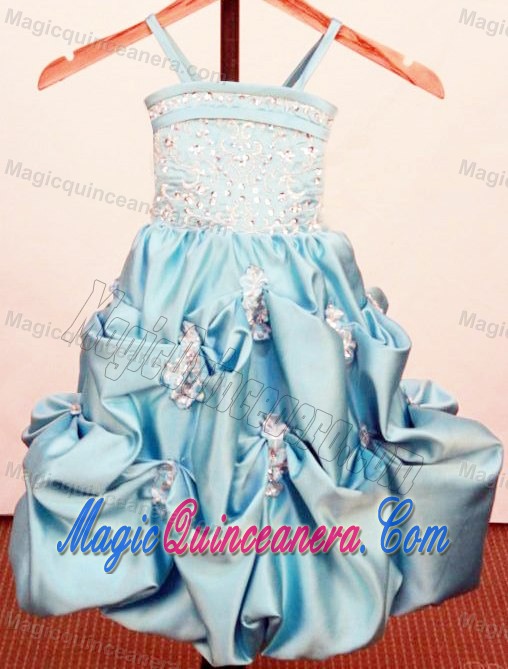 Baby Blue Appliques Spaghetti Straps Girls Pageant Dress With Pick-ups
