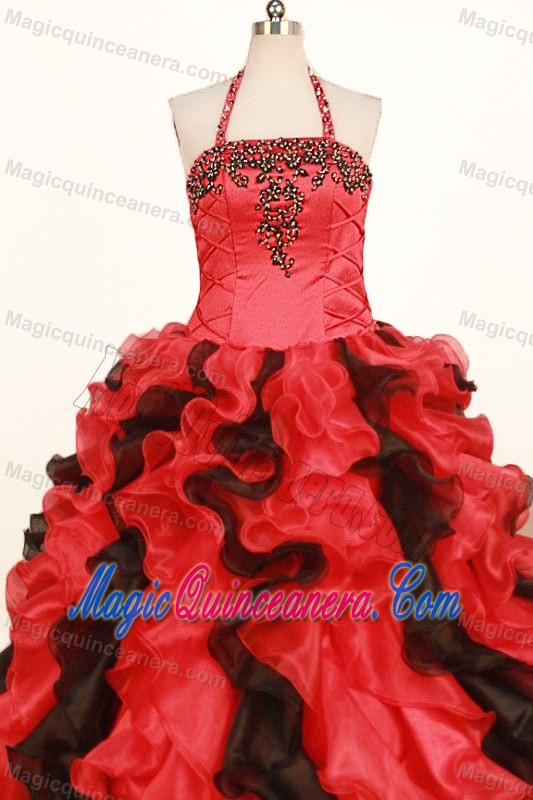 Red Ball Gown Halter Ruffled and Beaded Girls Pageant Dress In Aloha