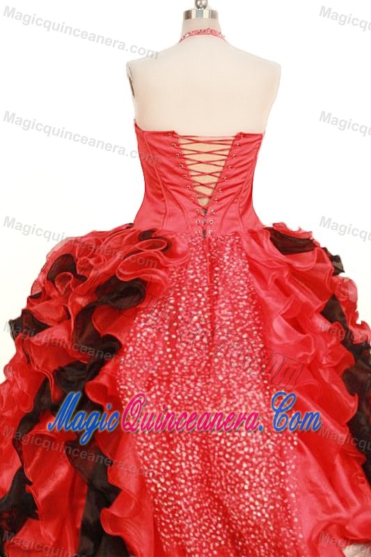 Red Ball Gown Halter Ruffled and Beaded Girls Pageant Dress In Aloha