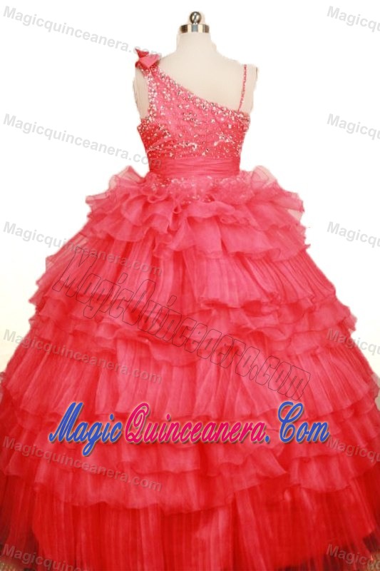 Coral Red Asymmetrical Beaded and Ruffled Little Girl Pageant Dress
